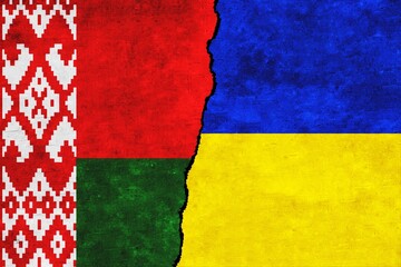 Ukraine and Belarus painted flags on a wall with a crack. Ukraine and Belarus relations. Belarus and Ukraine flags together