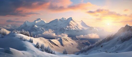 Winter snow covers mountain peaks as sunset light illuminates the scenic alpine landscape and clouds in the valley.