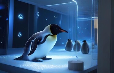 仮想空間ヴァーチャル野生動物ペット皇帝ペンギンと雛 - obrazy, fototapety, plakaty