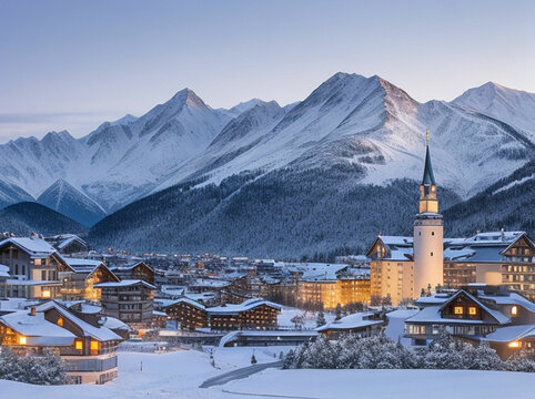 Fairy tale view of Saint Moritz on a snowy winter dusk, Engadine, Graubunden canton, Switzerland