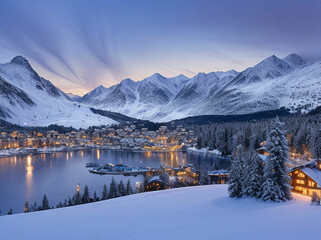 Fairy tale view of Saint Moritz on a snowy winter dusk, Engadine, Graubunden canton, Switzerland