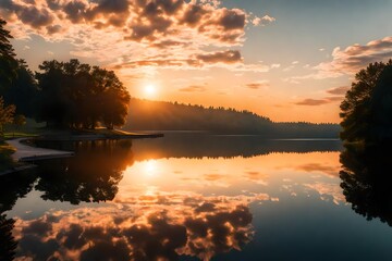 Bright sunset over lake clouds reflect in the water-