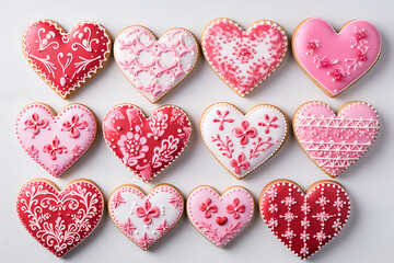 Fototapeta premium collection and various cookies of red and pink color top view on a wooden white background, festive pastries for Valentine's Day