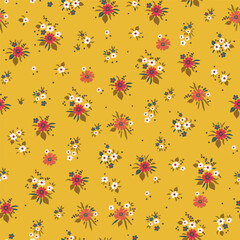 Floral vintage seamless pattern. Red and white, green flowers, leaves, branches and berries on a yellow background. The art of vector illustration. Design for textiles, paper.