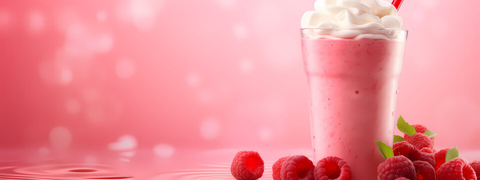 An enticing high-detail advertisement image of a raspberry milkshake
