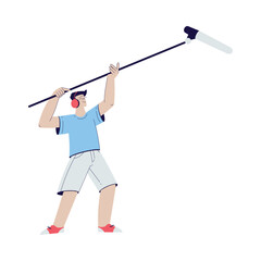 Cinema with Man Character Stand with Microphone Engaged in Movie Shooting Vector Illustration