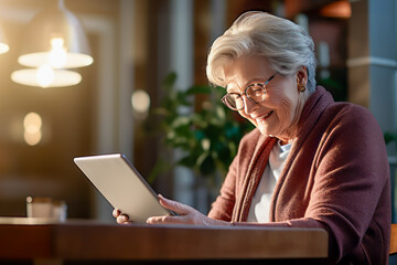 Old smiling woman using tablet, browsing wireless Internet. Happy modern senior female relax on sofa at cozy cafe using pad device. Concept of elderly technology and active retired wonderful age