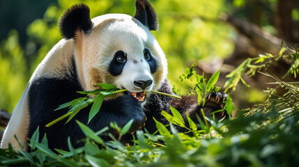 giant panda bear eating bamboo panda, AI Generative.