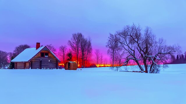 Time-lapse of colorful sunrise clouds, moving over a rural house on a winter day