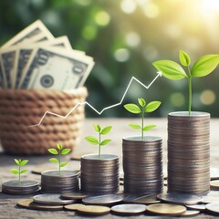 Green Plants On Money In Increase With Flare Light Effects - Money Growth Business Investment growth  Concept