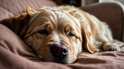 A peaceful scene captures a cute dog sound asleep, comfortably nestled at home.