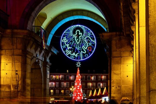 Madrid plaza Mayor Christmas lights at night, December 2023