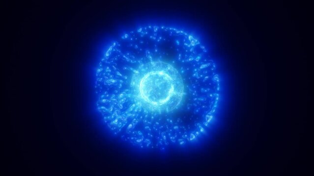 Abstract glowing blue futuristic energy sphera and dust with waves of magical energy particles on a dark blue background