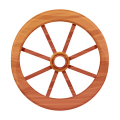 Obraz premium Wooden wheel in cartoon style, textured and detailed isolated on white background. Wild west ui asset, rustic, rural object, ancient, vintage element stock vector illustration.
