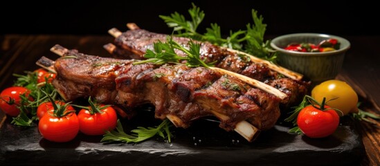 Lamb ribs grilled with fresh vegetables and mint.