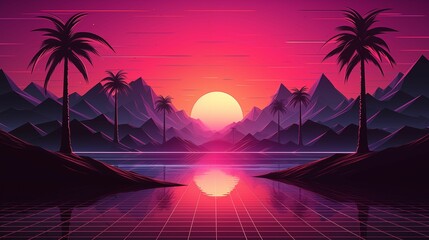 AI generated illustration of a purple sunset over a mountain range, palm trees and a sea