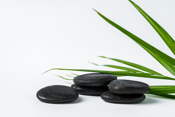 Obraz na płótnie Canvas Black spa pebbles with leaves isolated on white background