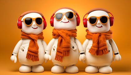 Obraz premium A three snowman made of textiles and fabric in clothes with headphones on a yellow background expresses happiness: congratulations, holiday, New Year, Christmas, winter, cold, Christmas Eve, card (Ai)