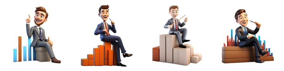 3d cartoon businessman sitting on bar graph 3d rendring isolated on white background. Generative AI.