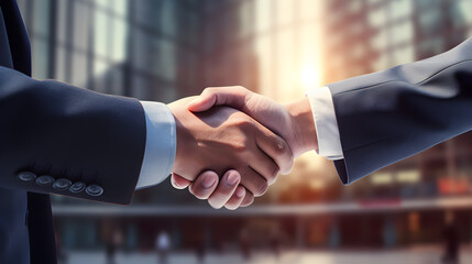 Closeup of handshake of business partners at outdoor with office building on background. Handshaking after good deal, greeting, dealing, merger and acquisition, business joint venture concept.