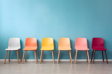 Rows of colorful chairs and gradient blue wall backgrounds. The chair in different color to represent the hiring position. Human resources management and recruitment business hiring concept.