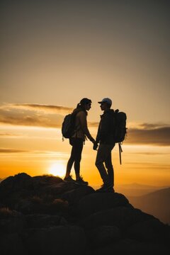 Silhouettes of a couple at sunset on a mountaintop against the background of sky and sun. Hiking, travel, love, nature concepts.