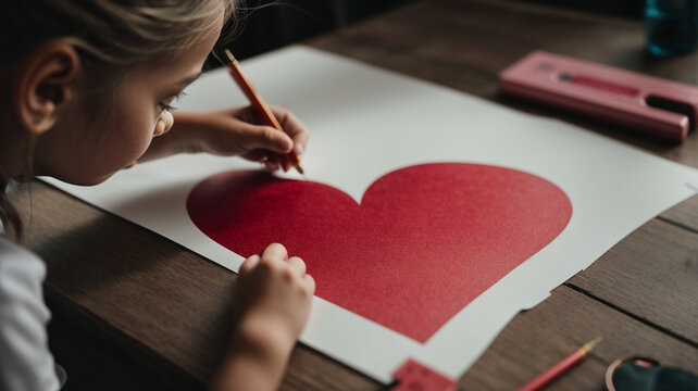 A little girl joyfully creating a heart shape on a piece of paper with her drawing crayons.
