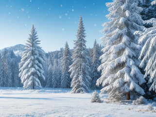 Frosty winter landscape in snowy forest. Christmas background with fir trees and blurred background of winter