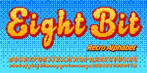 A script style red and yellow alphabet with a 1980s or 1990s 8-bit console video game look
