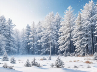 Fototapeta premium Frosty winter landscape in snowy forest. Christmas background with fir trees and blurred background of winter