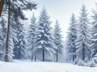 Fototapeta na wymiar Frosty winter landscape in snowy forest. Christmas background with fir trees and blurred background of winter