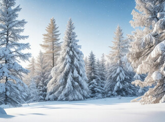 Frosty winter landscape in snowy forest. Christmas background with fir trees and blurred background of winter