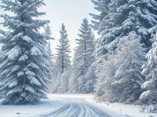 Frosty winter landscape in snowy forest. Christmas background with fir trees and blurred background of winter