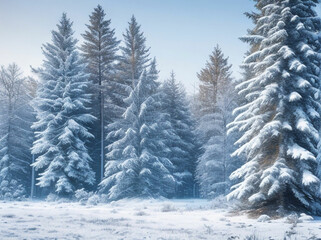 Frosty winter landscape in snowy forest. Christmas background with fir trees and blurred background of winter