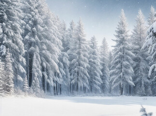 Frosty winter landscape in snowy forest. Christmas background with fir trees and blurred background of winter