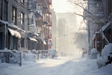 Snowy winter city street. AI generative