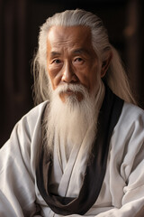 Portrait of an elderly Chinese Taoist priest with white hair and beard, calm expression, wearing Taoist robes and Chinese architecture in the background - obrazy, fototapety, plakaty