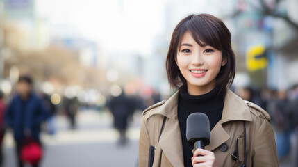 Asian female television correspondent , the journalist woman face and body look straight and confident to deliver news, against the backdrop of a asian city urban area, holding microphone
