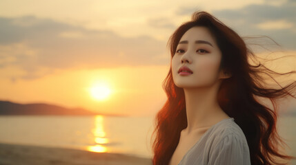 Fototapeta na wymiar Portrait of a young South Korean woman looking up at the sky, against the backdrop of sunset on the asian beach, showing nostalgia and some kind of sadness in her expression , copy space