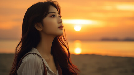 Portrait of a young South Korean woman looking up at the sky, against the backdrop of sunset on the asian beach, showing nostalgia and some kind of sadness in her expression , copy space - obrazy, fototapety, plakaty