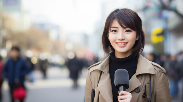 Asian female television correspondent , the journalist woman face and body look straight and confident to deliver news, against the backdrop of a asian city urban area, holding microphone