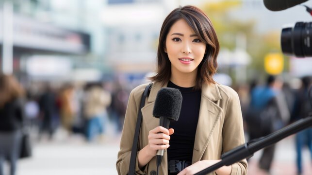 Asian female television correspondent , the journalist woman face and body look straight and confident to deliver news, against the backdrop of a asian city urban area, holding microphone