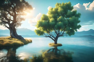 3D illustration featuring a landscape theme, showing a cheerful tree with a cloud covering calm water.