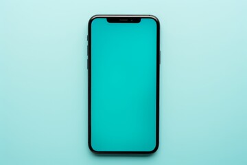 Photo of a modern smartphone with a solid turquoise background. Generative AI