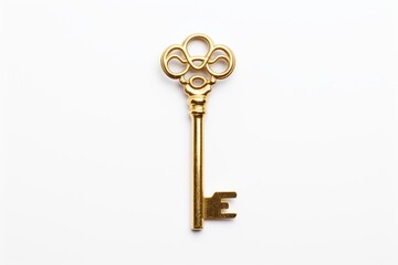 Photo of a shiny golden key on a clean white surface. Generative AI