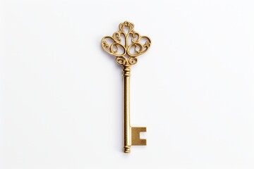 Photo of a shiny golden key on a clean white surface. Generative AI