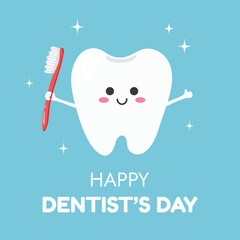 Happy Dentist's day. Greeting card with cute tooth. Vector illustration