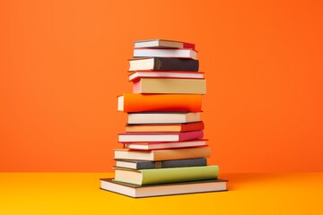Photo of a stack of colorful books against a bright orange backdrop. Generative AI