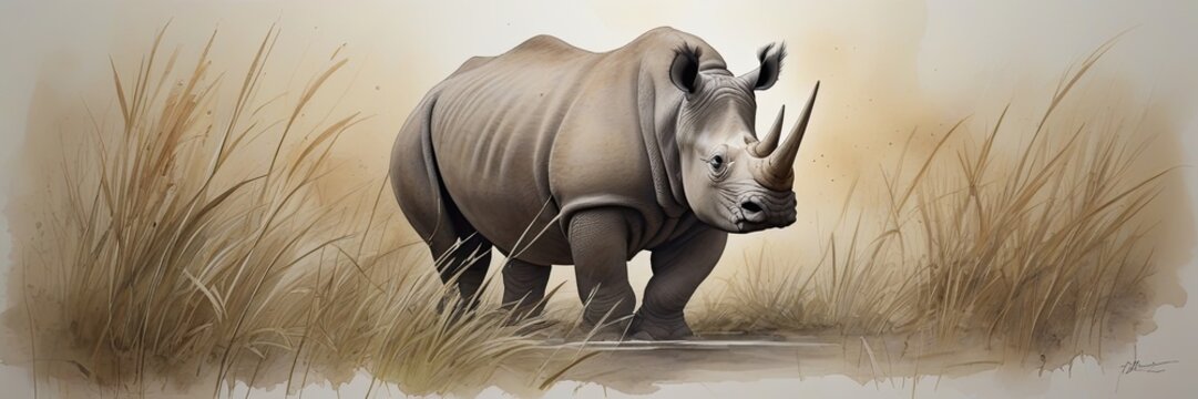 Watercolor painting of a rhino in the grass