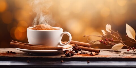 A soothing cinnamon drink, casting a cozy light on the table.